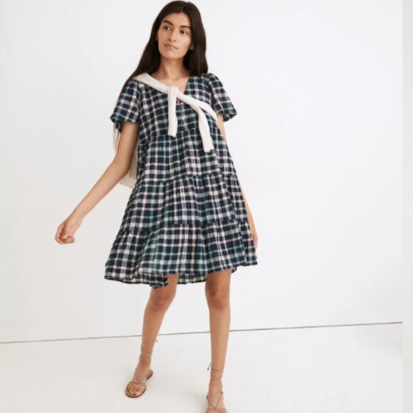 Madewell Dresses & Skirts - Madewell Plaid Button-Front Tiered Babydoll Short Sleeve Dress Size Small